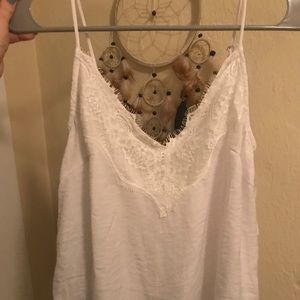 White silky tank top with lace detail